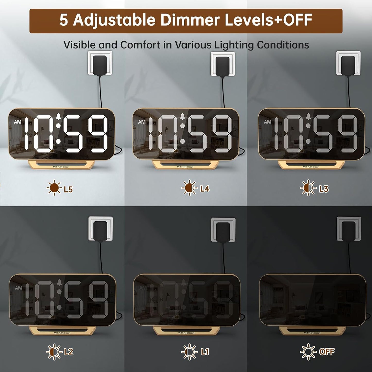 Peakeep Slim Digital Mirror Aesthetic Alarm Clock